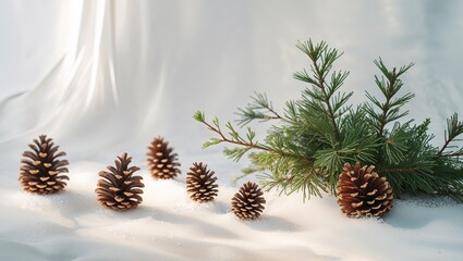 Fototapeta premium Winter Holiday Pine Cone and Fir Branches on White.