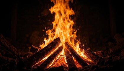 Intense Bonfire Flames, Glowing Embers, Dark Background