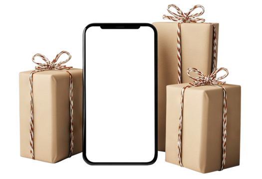 Smartphone with gift boxes, isolated on transparent cutout background