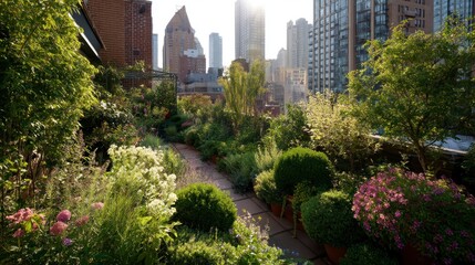 Fototapeta premium Urban Rooftop Garden: Serene Oasis Amidst City Skyline
