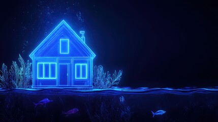 Neon house underwater illustrative concept art