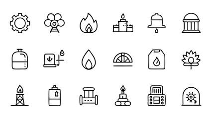 Linear style icon set representing natural gas tools storage pipelines and facilities crafted for digital platforms presentations and resource illustrations