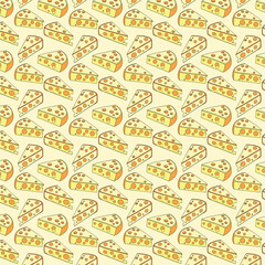 Cheerful repeating pattern of yellow Swiss cheese slices and small chunks on a white background. This colorful design is perfect for food themes, culinary projects, and creative backgrounds.