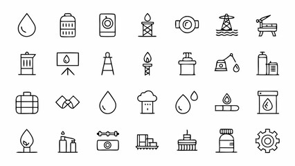 Pack of outline icons themed around oil industry including fuel production storage refinery and machinery visuals ideal for digital or print use