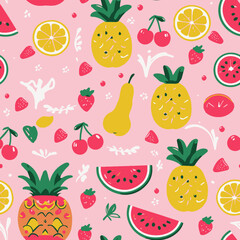 Seamless fruit pattern background with colorful cartoon fruits and fresh sweet design