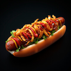 photo of a juicy hot dog with fried sausage, ketchup, mustard and fried onions