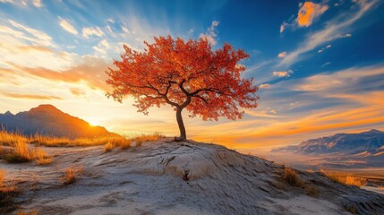A striking tree with bright orange leaves is perched atop a hill, basking in the warm glow of a sunset. The sky is filled with colorful clouds, enhancing the tranquil scene