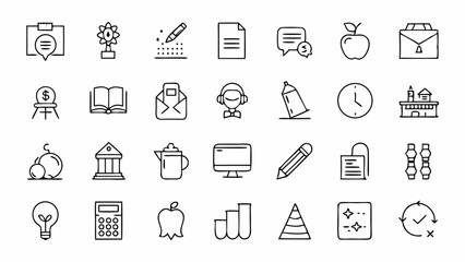 Access this modern outline icon pack focused on school subjects designed in a clean linear style suitable for online learning platforms educational games and academic websites