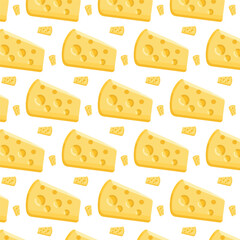 Cheerful repeating pattern of yellow Swiss cheese slices and small chunks on a white background. This colorful design is perfect for food themes, culinary projects, and creative backgrounds.