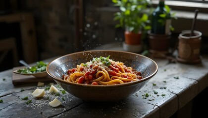 Traditional Italian Meal with Pasta, Tomato Sauce, and Grated Cheese