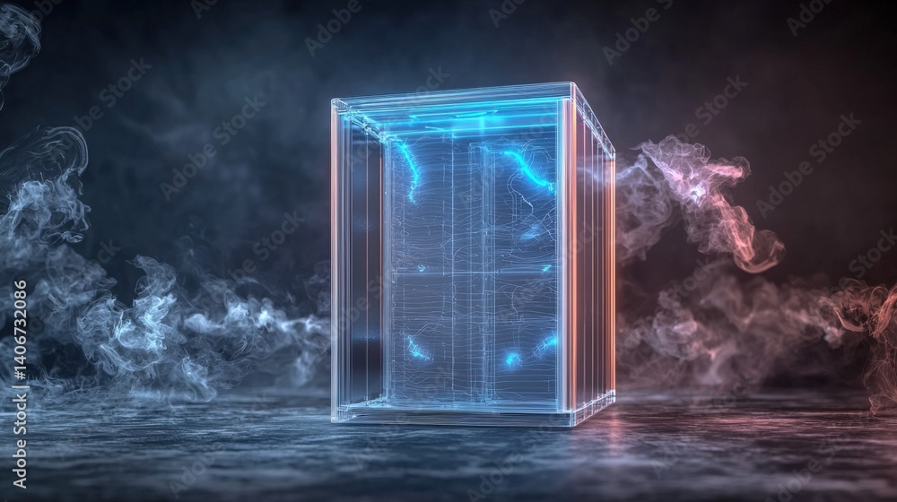 Poster futuristic holographic cube digital realm 3d animation abstract environment close-up view technology