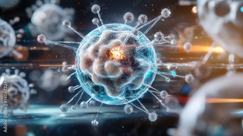 Poster viral activity simulation laboratory 3d visualization scientific environment close-up view microbiol