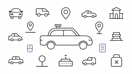 Stylish collection of linear taxi icons covering ride hailing vehicles travel services and public transport symbols made for transport booking app and interface use