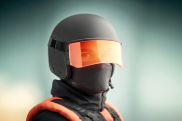 Sleek helmet with orange visor contrasts against muted backgroun