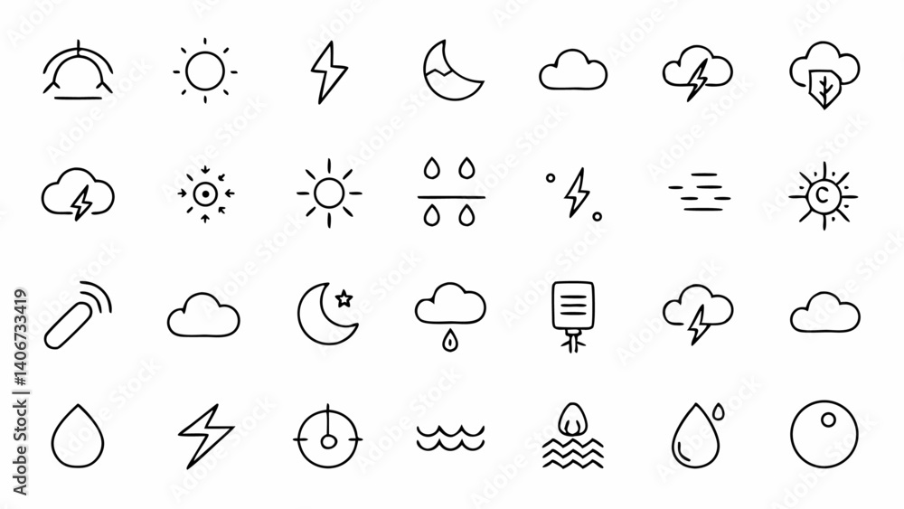Poster complete set of weather outline icons showcasing climate conditions forecast symbols and meteorologi