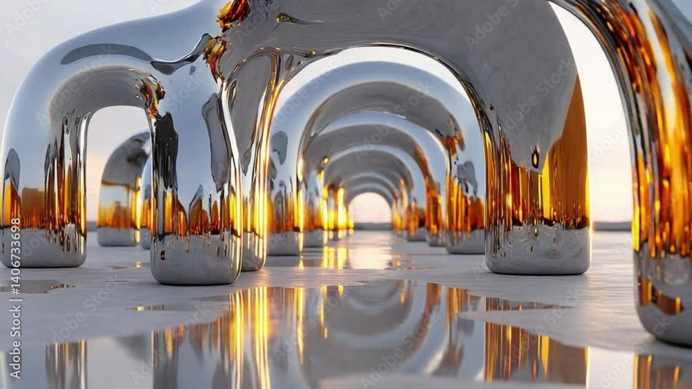Poster metallic arches at sunset: a captivating display of chrome and gold metallic arches extending into a