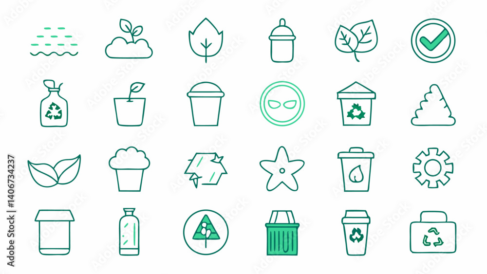 Poster collection of minimal zero waste linear icons promoting sustainable practices reducing waste and sup