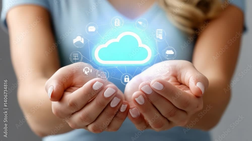 Poster cloud computing in hands: a woman gently cradles a glowing digital cloud symbol in her open palms, r