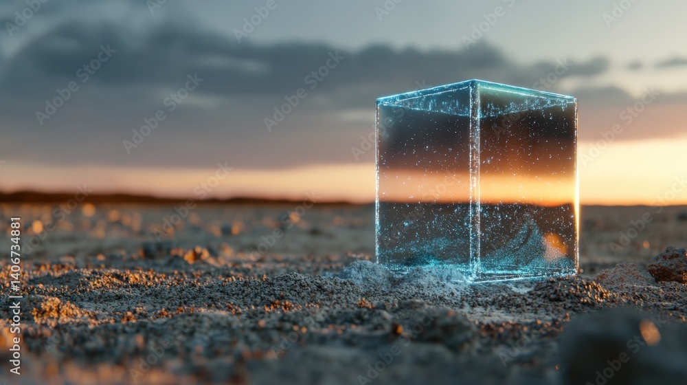 Aufkleber mysterious ice cube reflection at sunset desert digital art surreal atmosphere low angle view concep