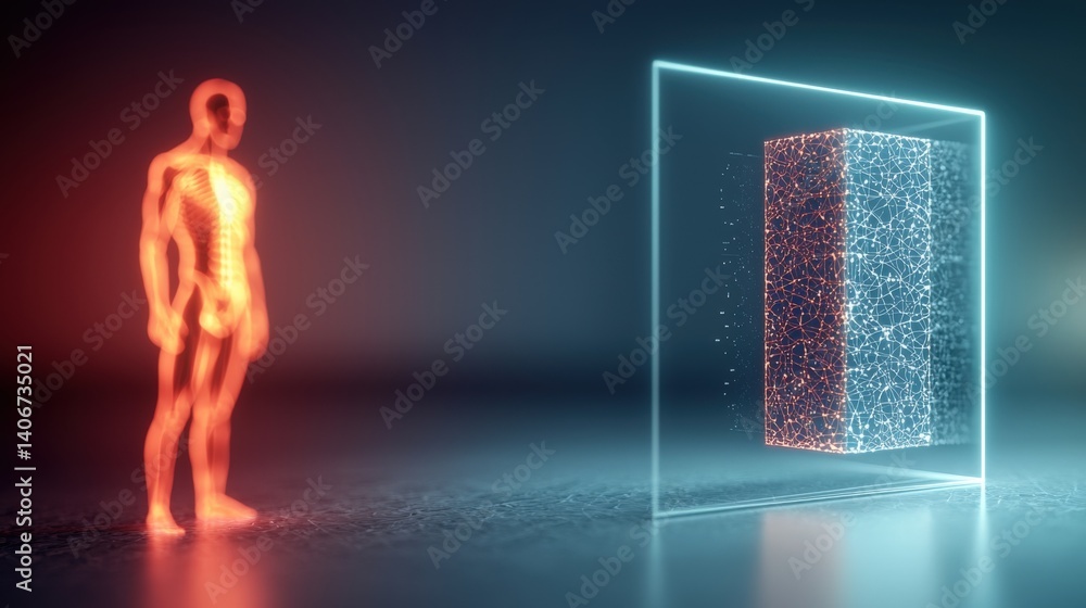 Poster futuristic human interaction with holographic technology digital space 3d visualization abstract env