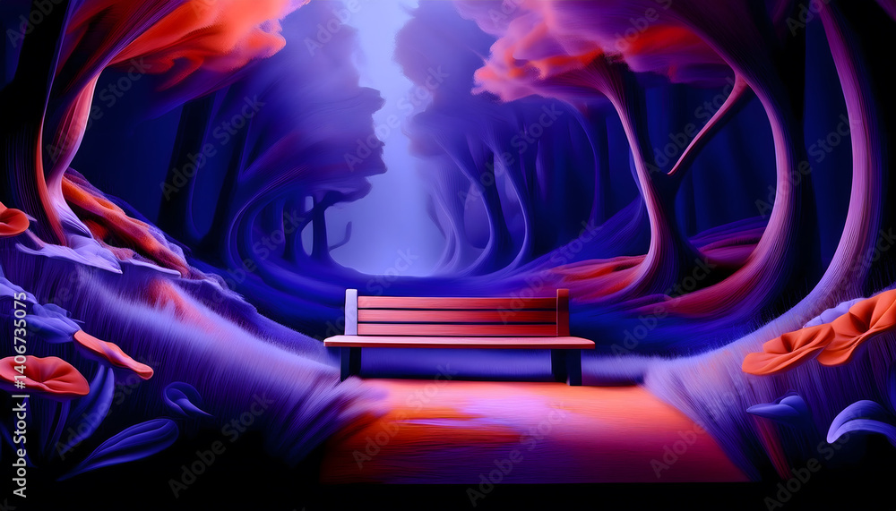 Poster serene forest scene with a bench surrounded by colorful trees and flowers