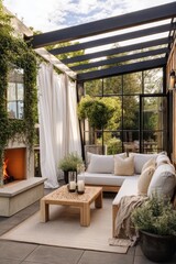 a serene outdoor patio bathed in warm neutral sunlight