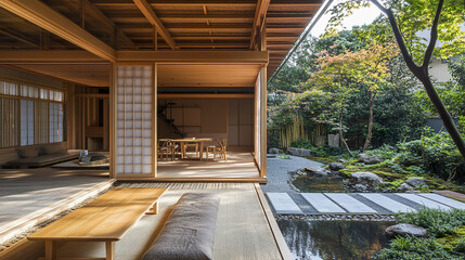 Fototapeta premium Japanese style house with natural materials and serene garden view