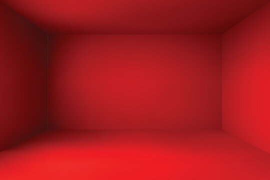 Red empty room product background in simple perspective gradient, vector illustration geometric wall and floor	