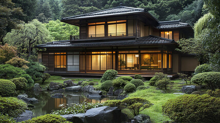 Fototapeta premium Japanese style house with natural materials and serene garden setting