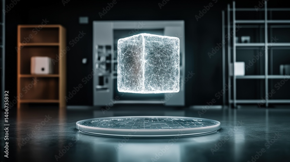 Poster floating digital cube modern laboratory 3d visualization high-tech environment futuristic viewpoint 