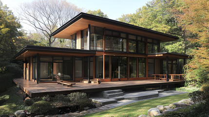 Modern Japanese style house with large windows and natural materials