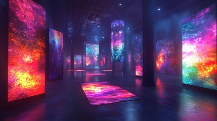 A metaverse art gallery with floating digital paintings and glowing virtual sculptures