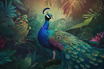 Fototapeta premium A peacock with holographic feathers in a lush jungle 