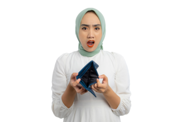 Shocked young Asian woman in green hijab and white blouse showing empty wallet with open mouth isolated on transparent background