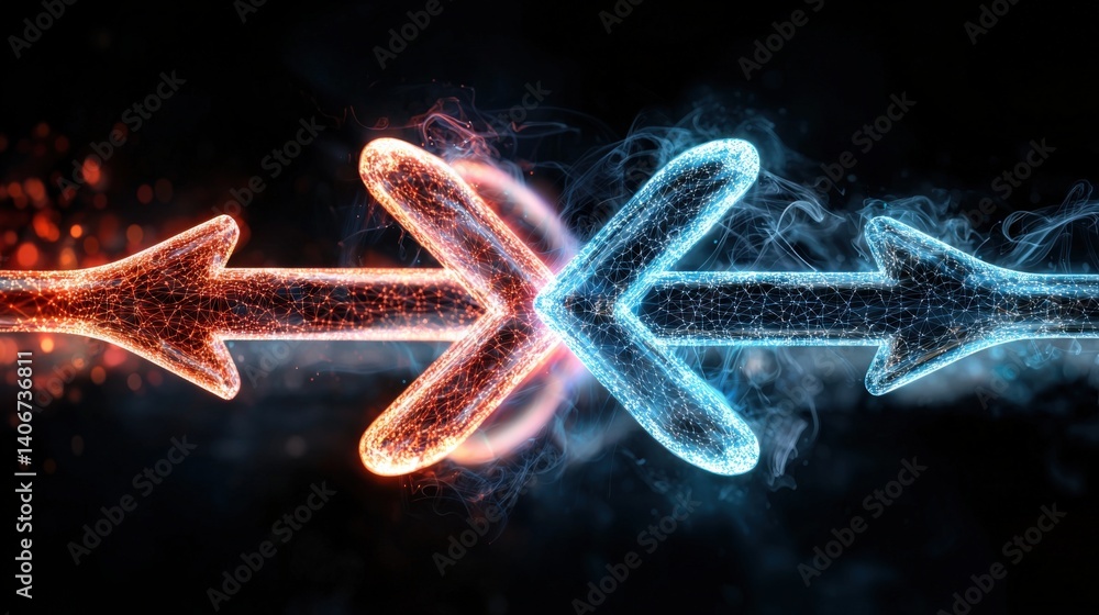 Aufkleber dynamic clash of blue and red arrows abstract digital art futuristic setting conceptual visualizatio