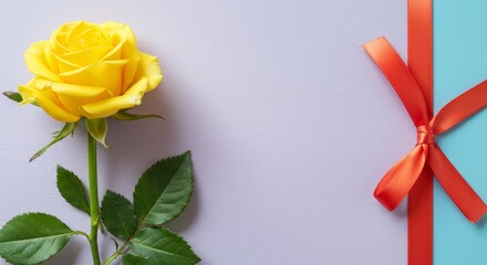Yellow rose next to gift box on pastel background