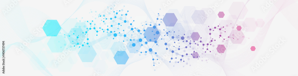 Poster modern science background with lines, dots and hexagons. wave flow abstract background. molecular st