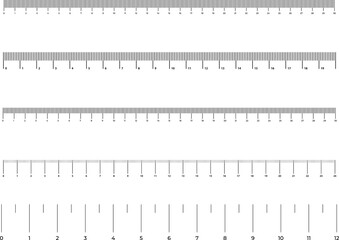Graduated ruler illustration on a white background. Inch and centimeter ruler vector illustration. Various measurement scales with divisions.