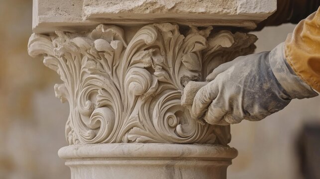 Stone mason carving intricate details on a decorative column. Featuring artisan craftsmanship and precision stonework