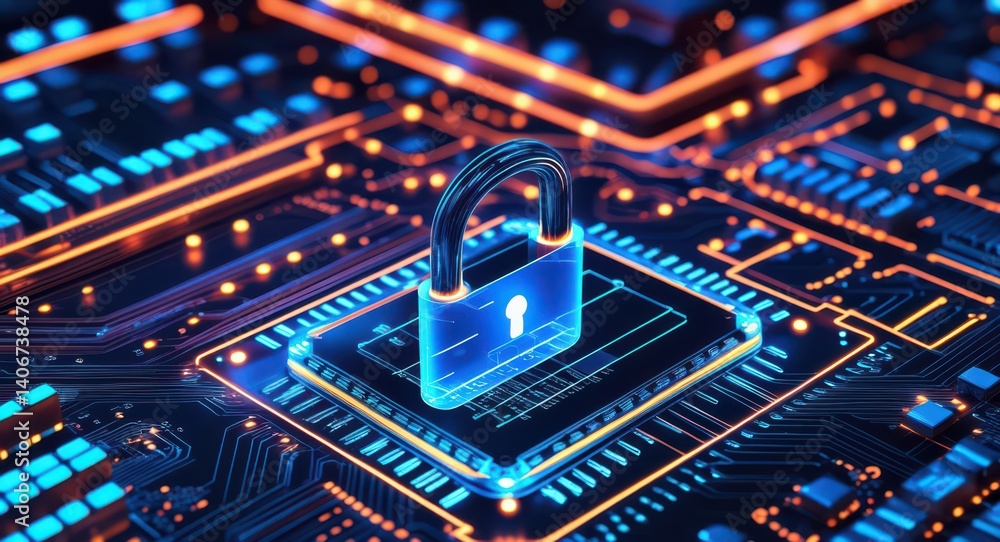 Poster cybersecurity padlock on circuit board for data protection and network security concept illustration