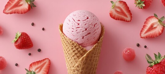 Delicious Scoops Strawberry Ice Cream Cone, and Fresh Ripe Berries on Pink Background