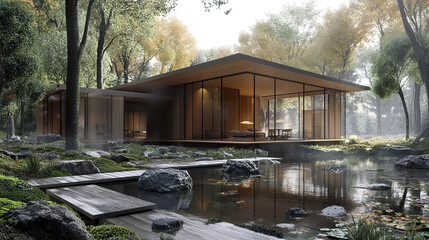 Obraz premium modern Japanese style house with natural materials and serene surroundings