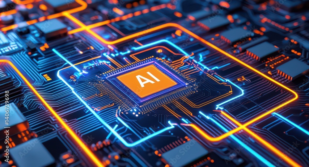 Poster artificial intelligence ai chip processor technology circuit board motherboard computing concept