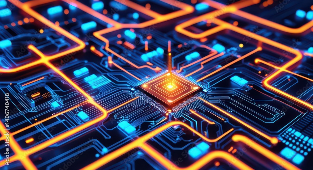 Poster futuristic technology background circuit board with glowing lines and central processing unit cpu