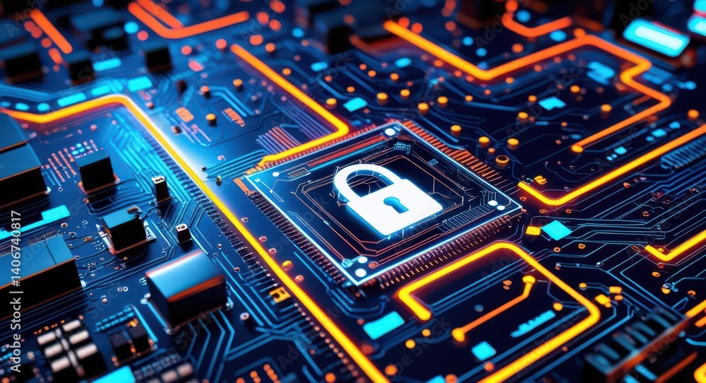 Aufkleber cyber security technology concept with padlock on circuit board for data protection and digital safe