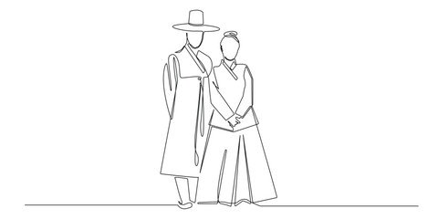 one continuous line drawing of korean traditional clothing.single line vector illustration of man and woman wearing korean cultural clothing.korean fashion style line art
