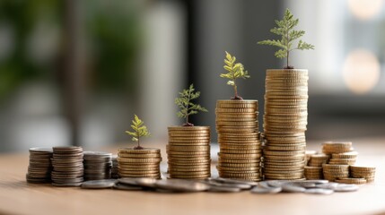 Stacks of coins show growth potential, with small trees emerging from some of them, symbolizing the connection between finance and sustainability in a modern setting