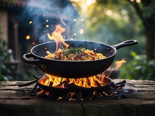 "Outdoor Pasta Cooking Over Open Flame Surrounded by Greenery on a Sunny Day – Generative AI"