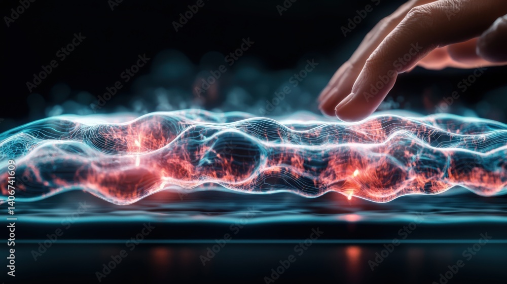 Poster digital interaction with light and waves futuristic environment abstract art technology focus close-