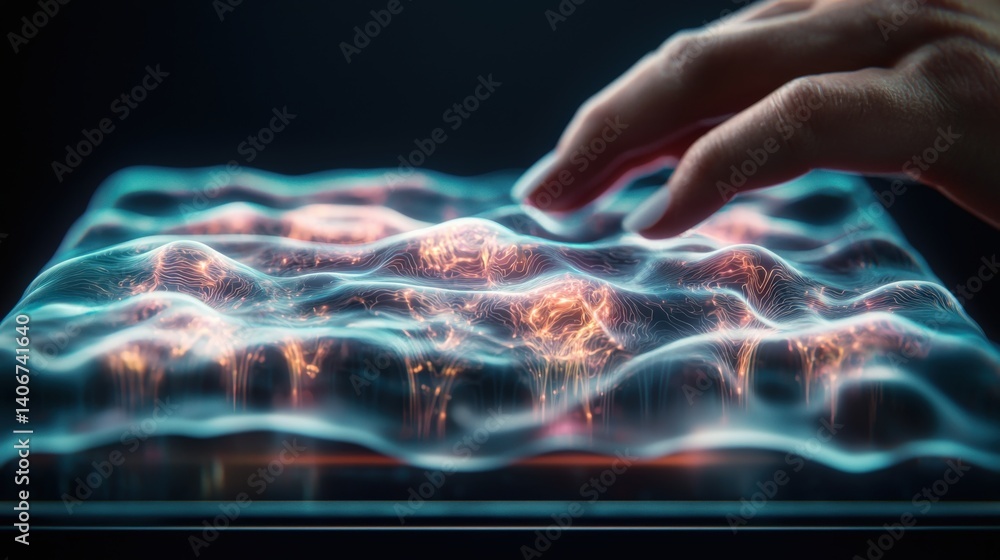 Poster innovative touch interaction with dynamic holographic display technology lab digital art modern envi